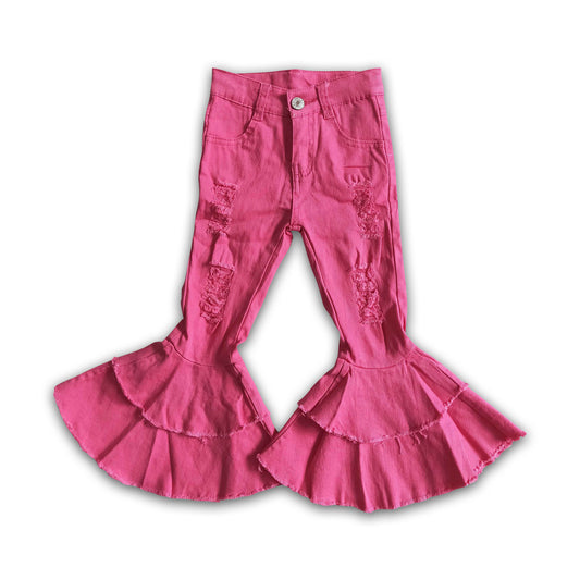 Hot pink distressed ruffle bell bottom girls denim pants