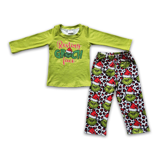 Green face screen print shirt pants boy Christmas outfits