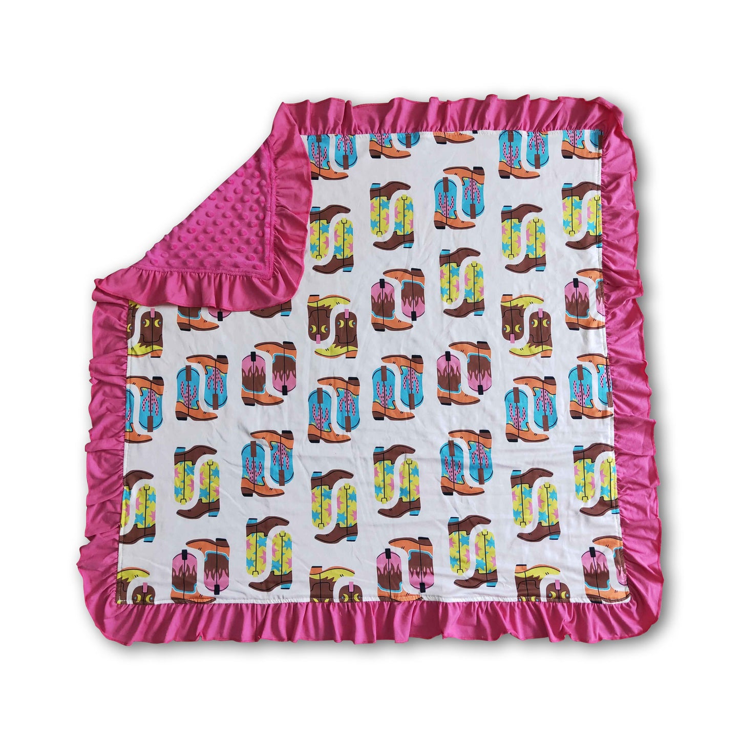 Boots print hot pink minky baby ruffle blankets