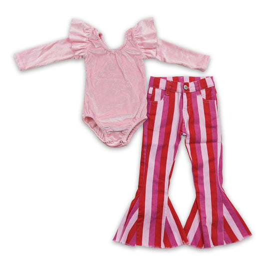 Pink velvet romper stripe jeans girls valentine's clothing
