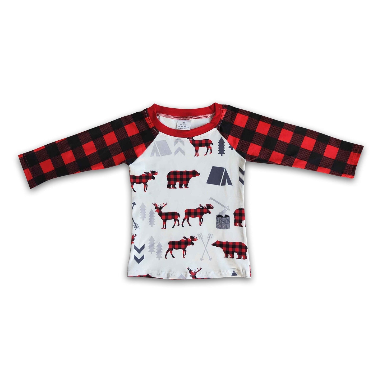 Reindeer bear print plaid long sleeve boy Christmas shirt