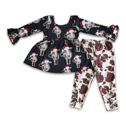 Cow print tunic criss cross leggings girls Christmas outfits