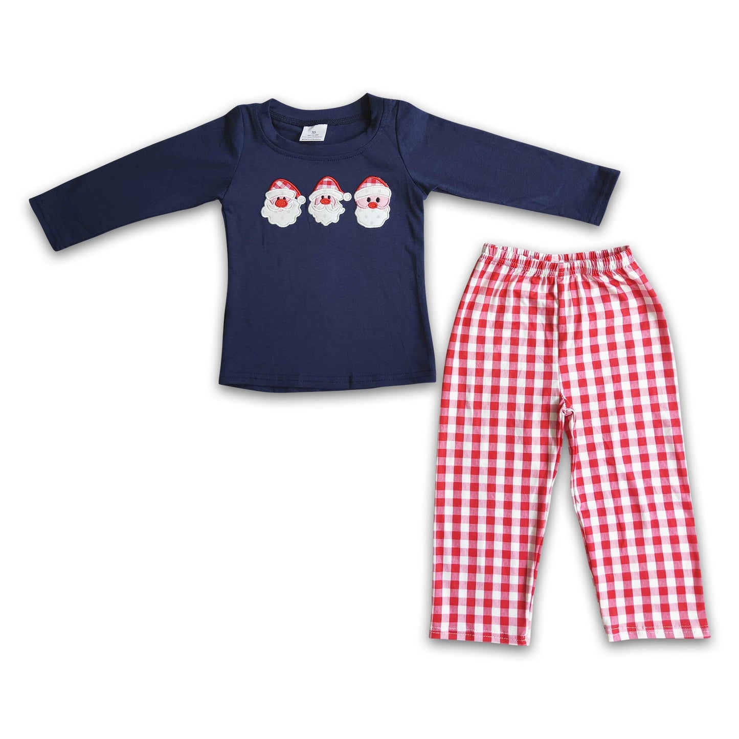 Santa embroidery navy cotton shirt plaid pants boy Christmas clothing