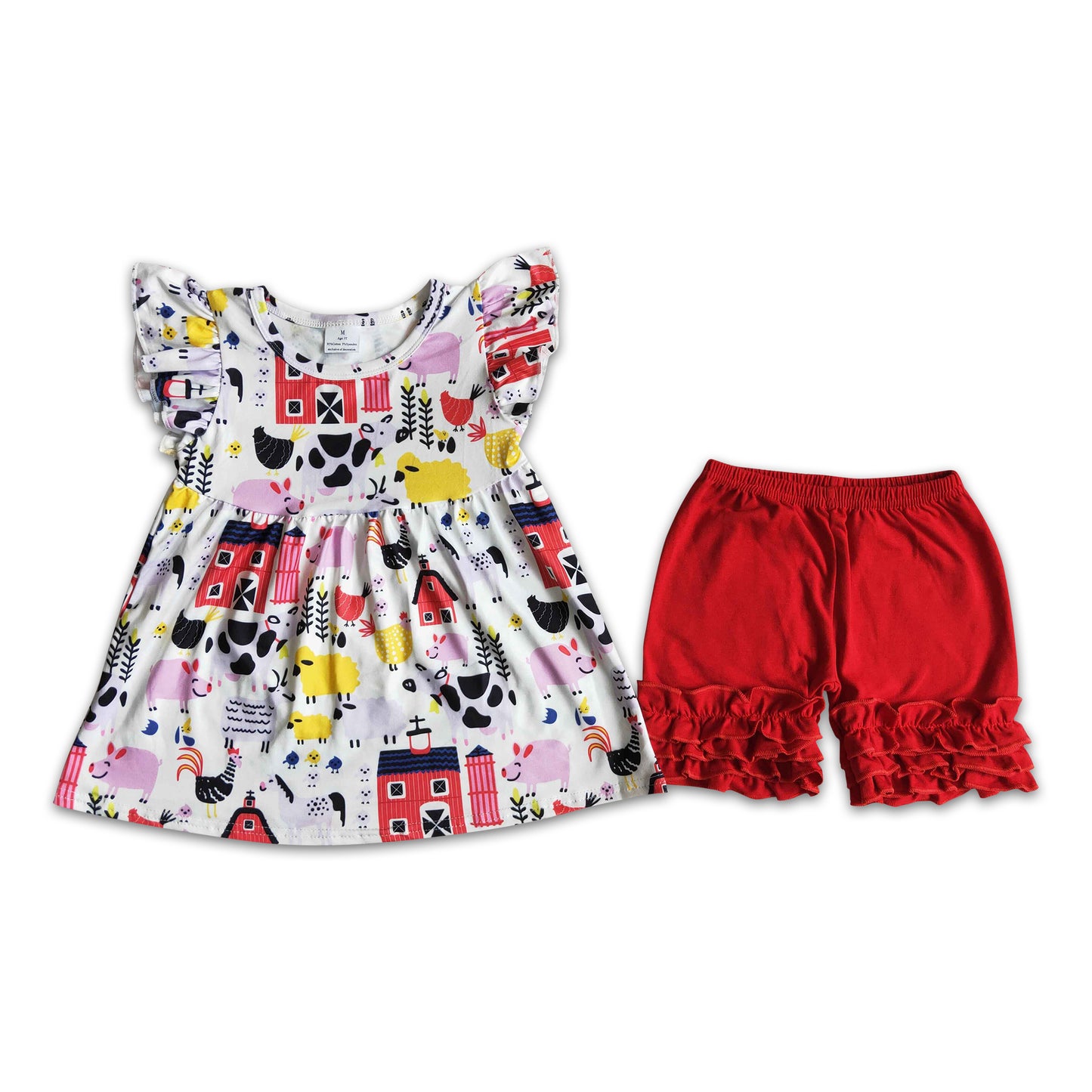 Farm print flutter sleeve red ruffle shorts girls outfits