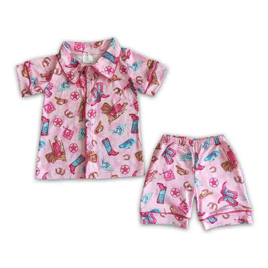Short sleeve boots print girls pink summer pajamas