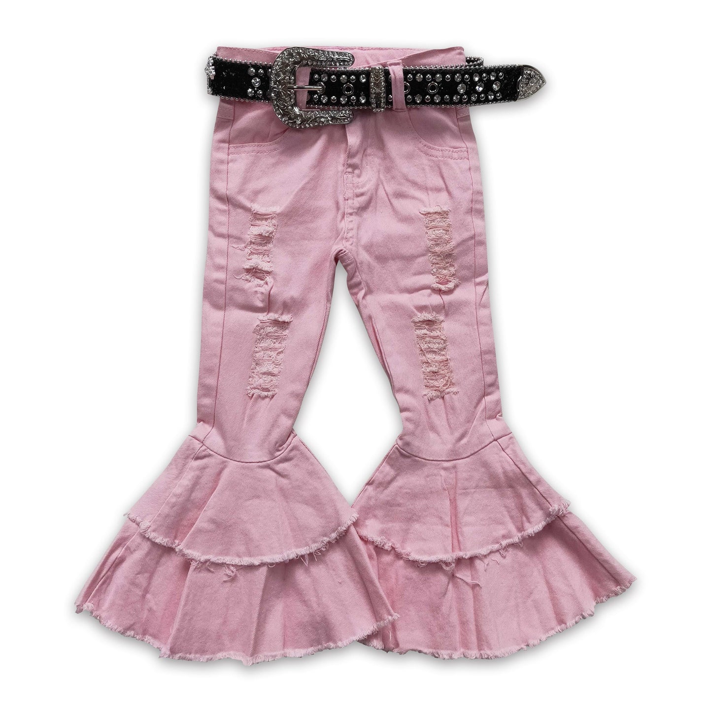 Pink denim pants distressed baby girls jeans match belt