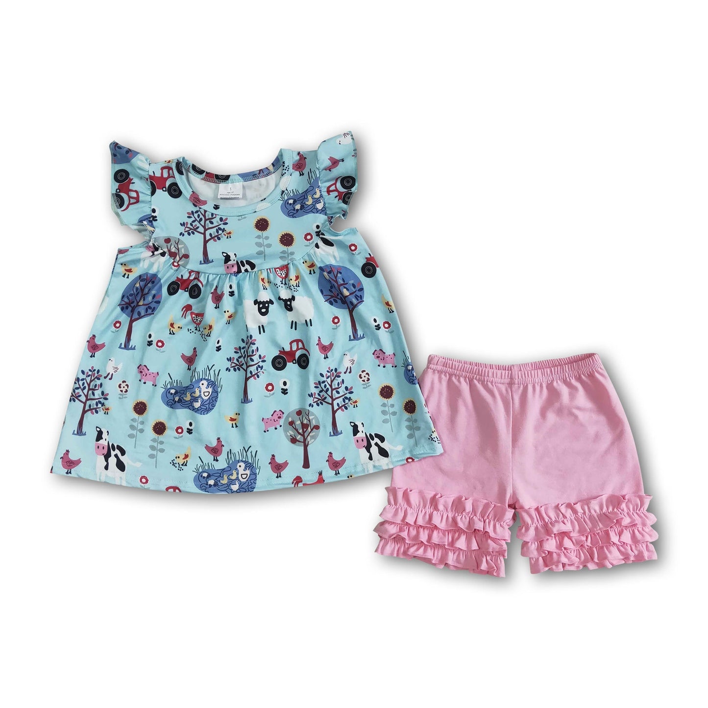 Flutter sleeve farm top pink icing ruffle shorts girls outfits