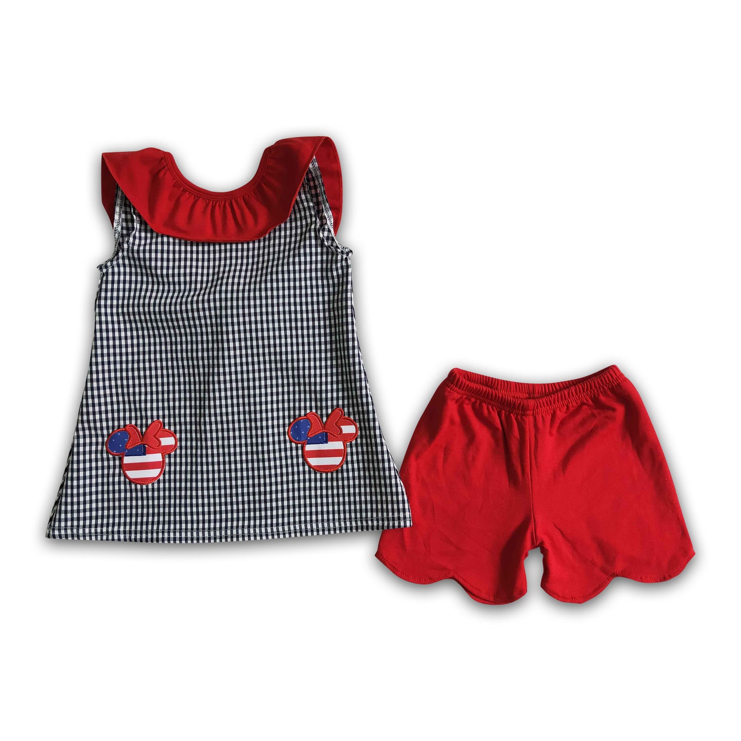 Woven plaid embroidery red shorts girls 4th of july clothing