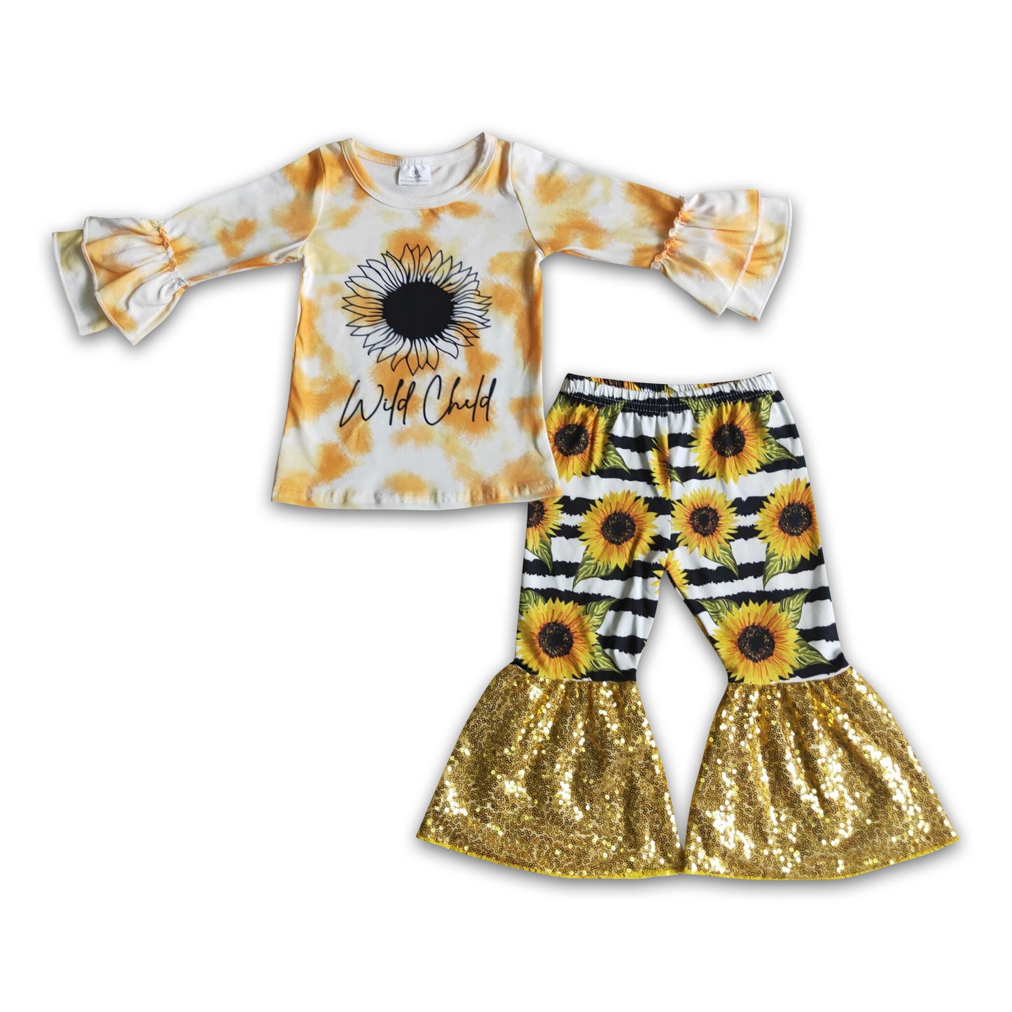 Wild child sunflower sequin bells toddler girls clothing set
