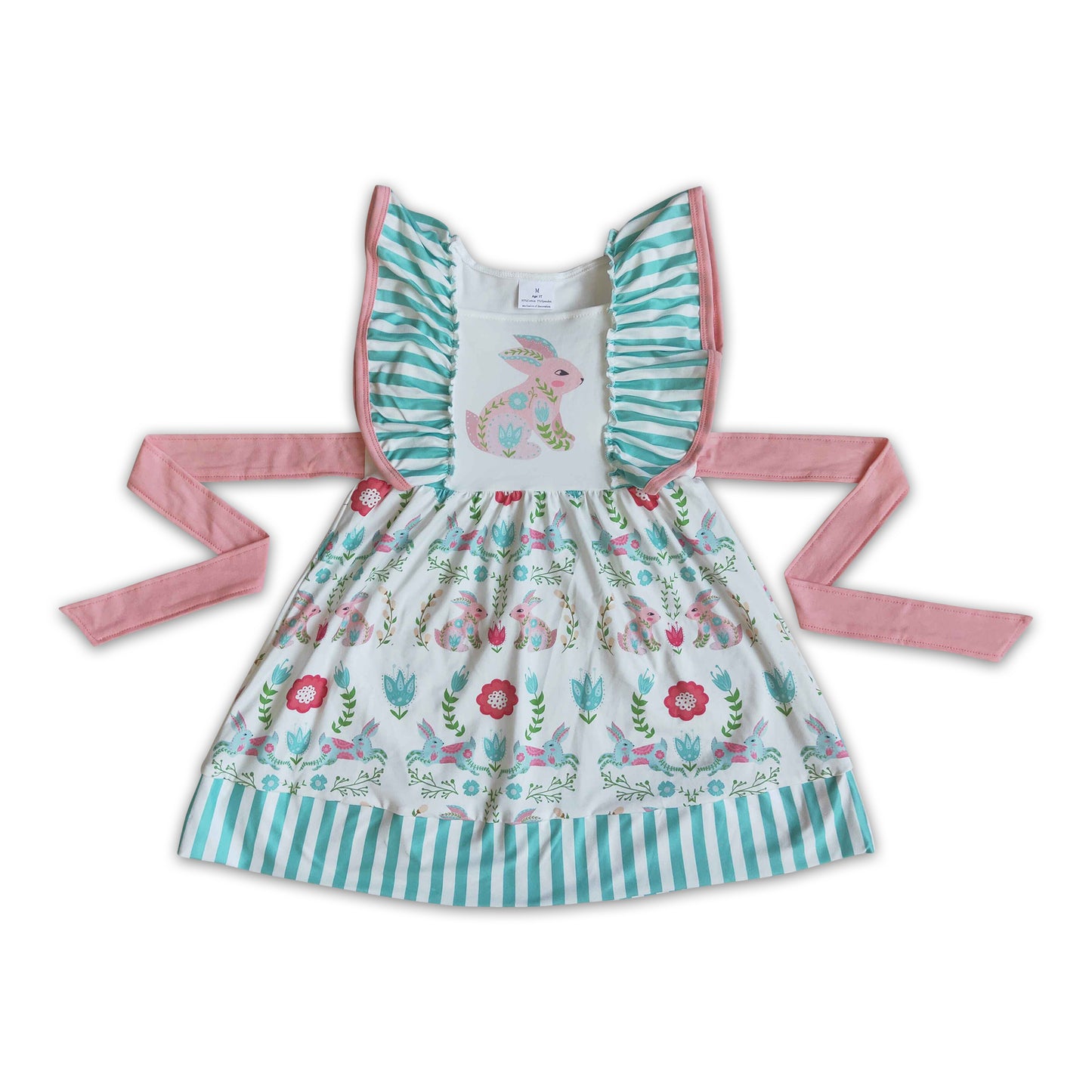 Bunny print flutter sleeve belt baby girls easter dresses