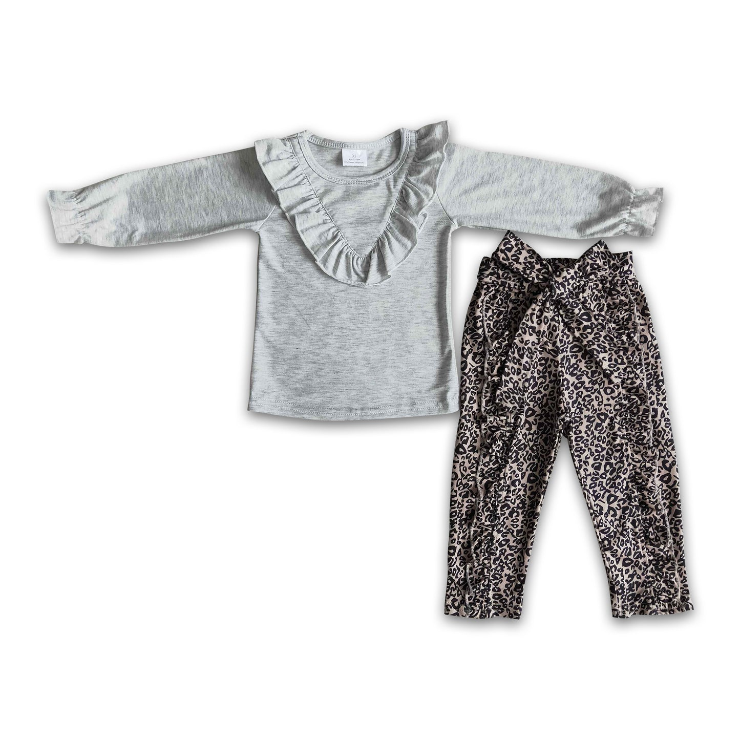 Grey long sleeve top leopard pants cute baby girls clothing sets