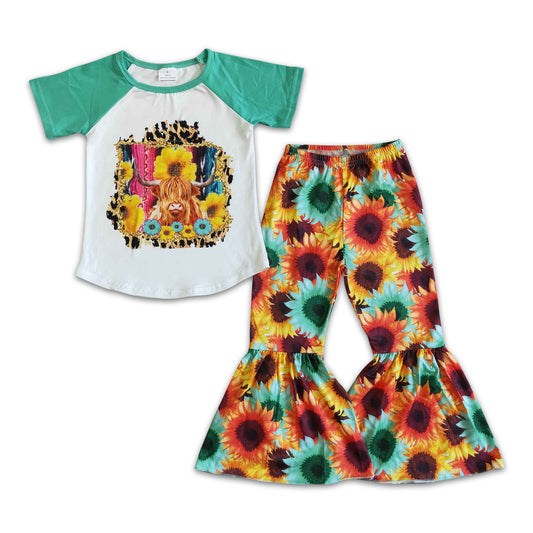 Girl Cow Head Shirt Sunflowers Bell Bottom Outfit