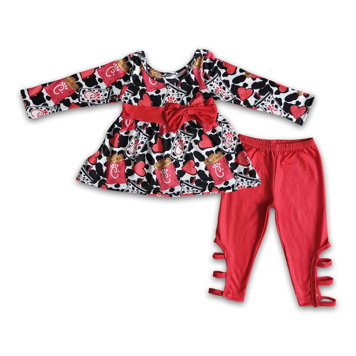 Red bow fries cow tunic criss cross leggings kids girls clothing