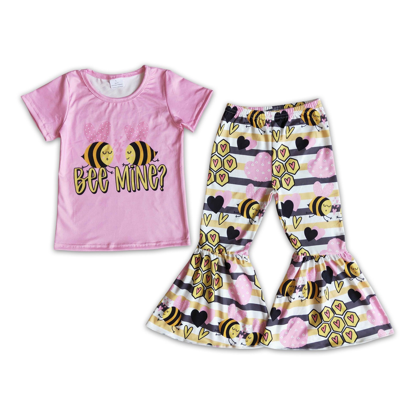 Bee mine pink short sleeve shirt pants girls valentine's day outfits