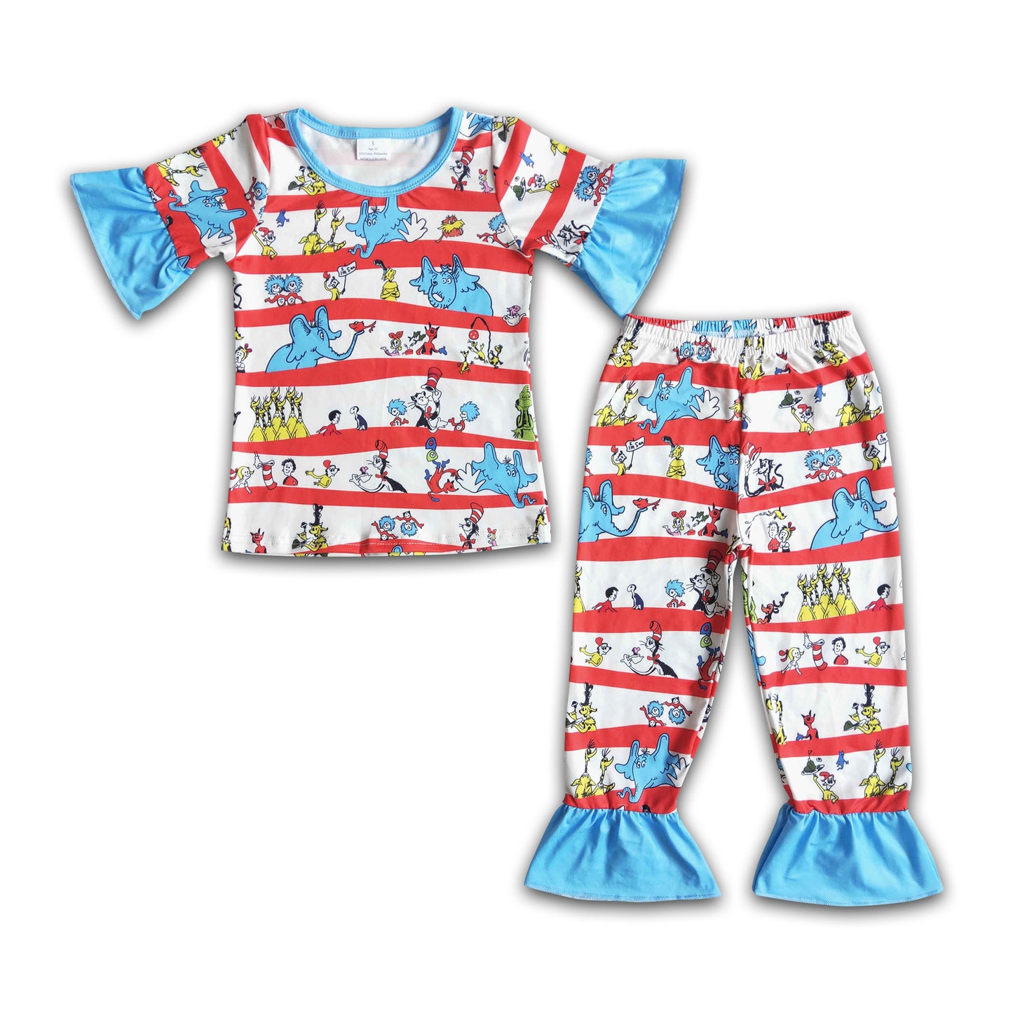 Blue cat ruffle short sleeve baby girls pajamas