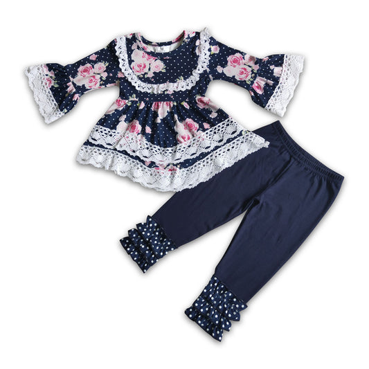 Navy floral wave tunic icing ruffle leggings children boutique clothing