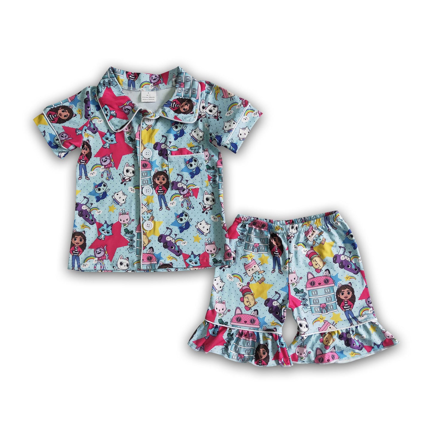 Cute cat short sleeve shirt ruffle shorts girls summer pajamas