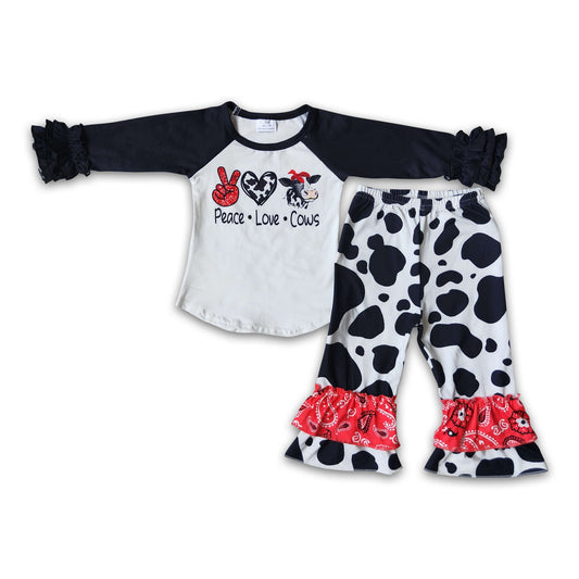 Peace love cows print ruffle pants girls clothing set