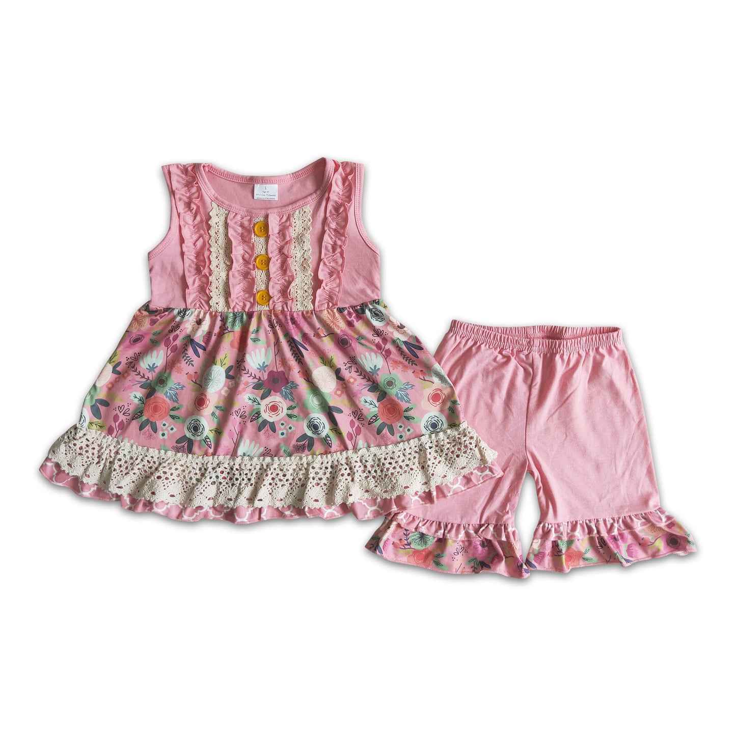 Pink floral tunic ruffle shorts girls clothing set