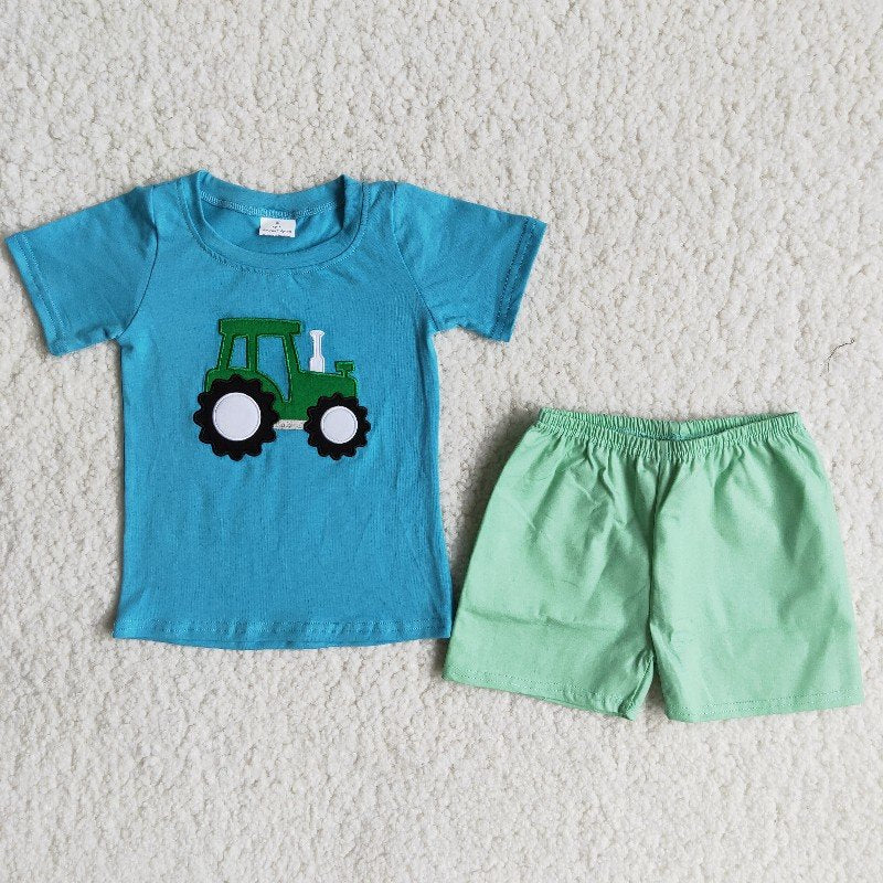Tractor embroidery cotton shirt woven shorts boy set