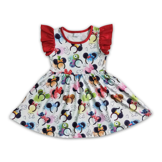 Flutter sleeve ears headband print baby girls twirl dresses