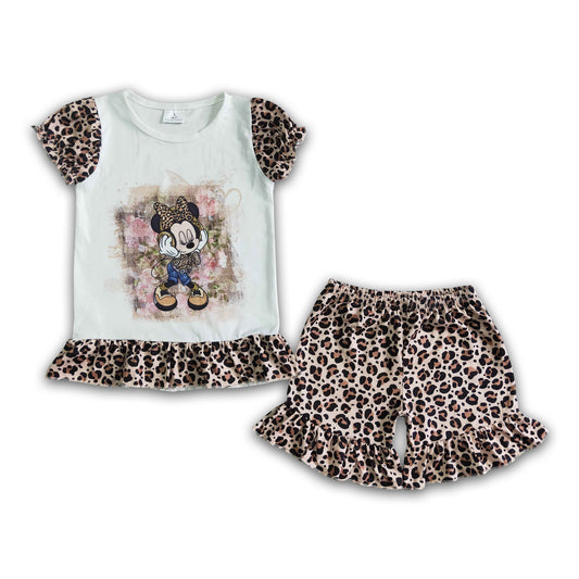 Leopard sleeve shorts cute mouse baby girls outfits