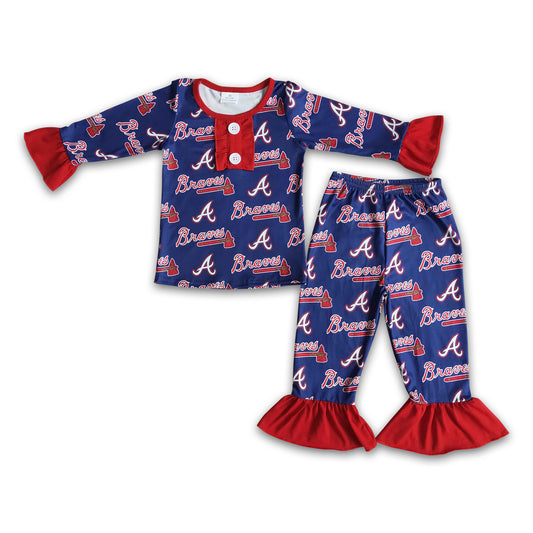 Braves print ruffle long sleeve girls team pajamas