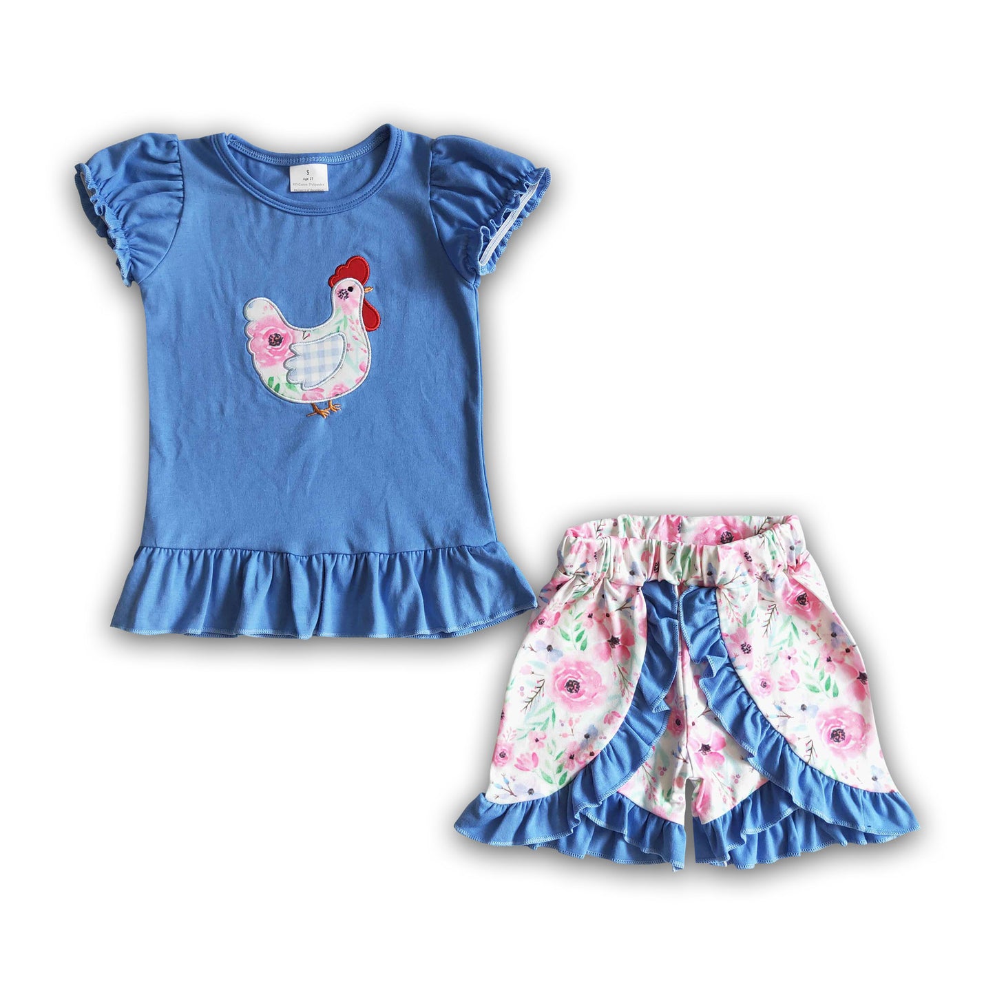 Chicken embroidery blue cotton shirt floral shirt girls clothing set