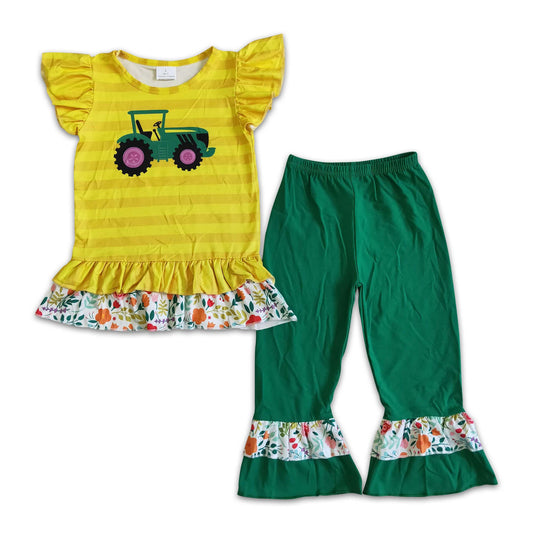 Girl Tractor Yellow Striped Farm Outfit