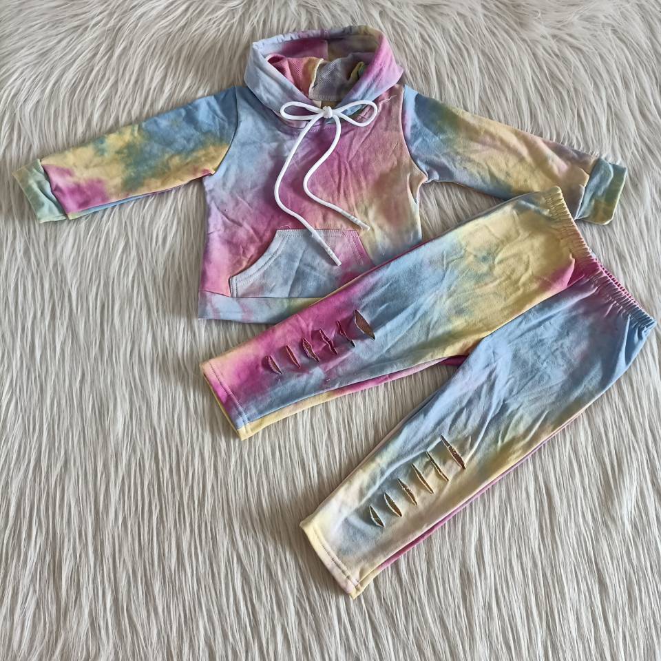 Pink yellow blue tie dye thick girls hoodie set