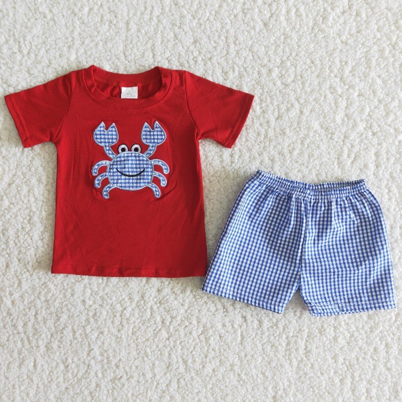 Boy Red Crab Plaid Outfit