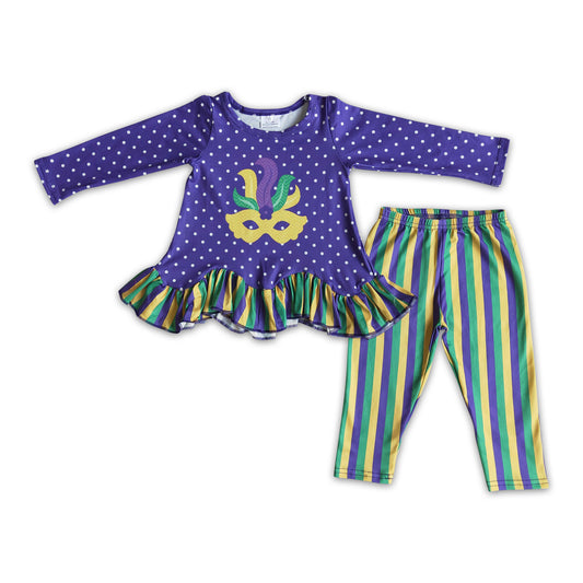 Purple polka dots shirt stripe leggings baby girls mardi gras outfits