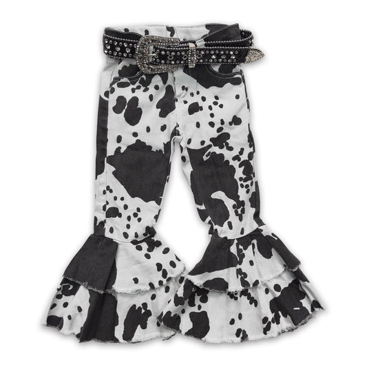 Black white cow denim pants girls ruffle jeans match belt