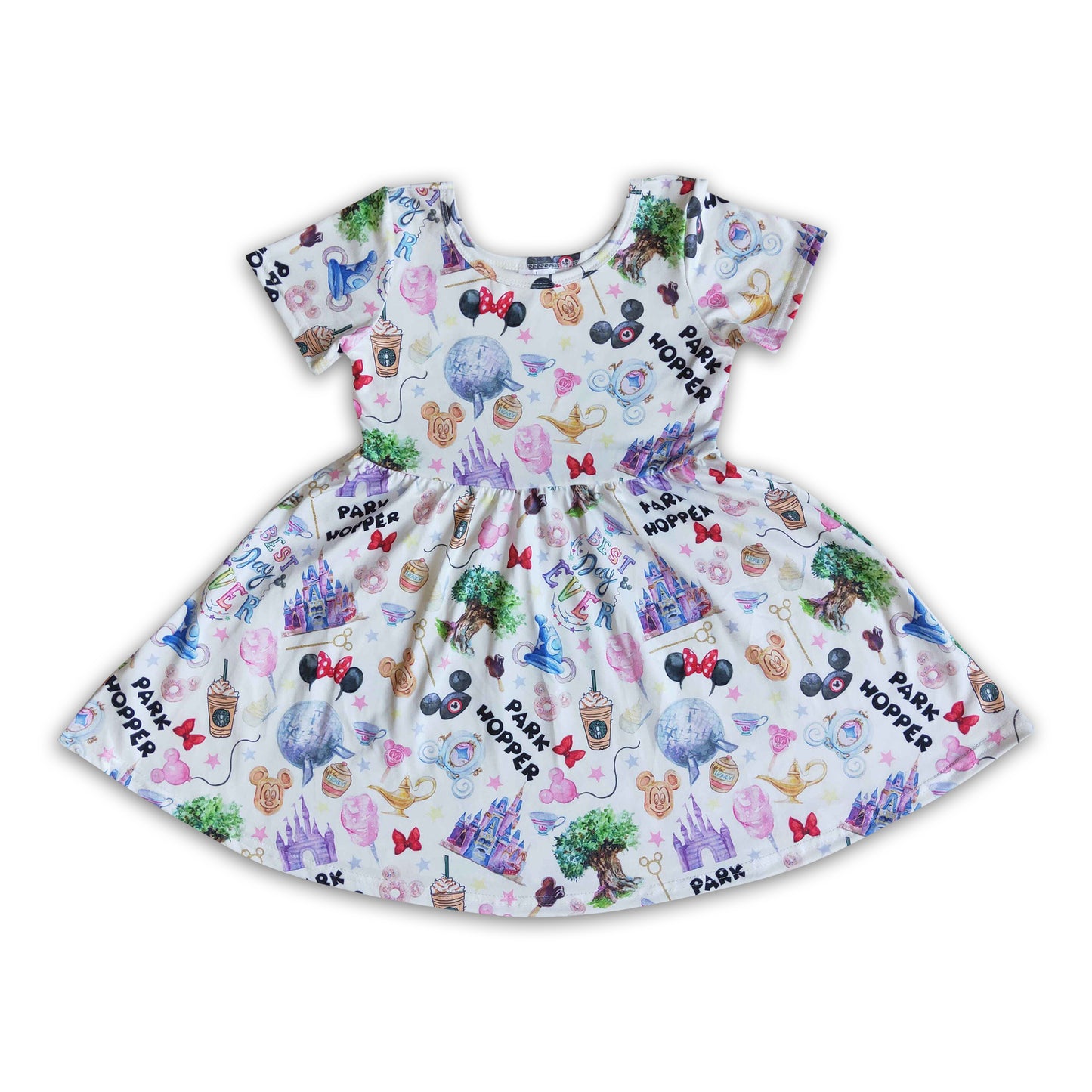 Short sleeve cute snacks park print baby girls summer twirl dresses