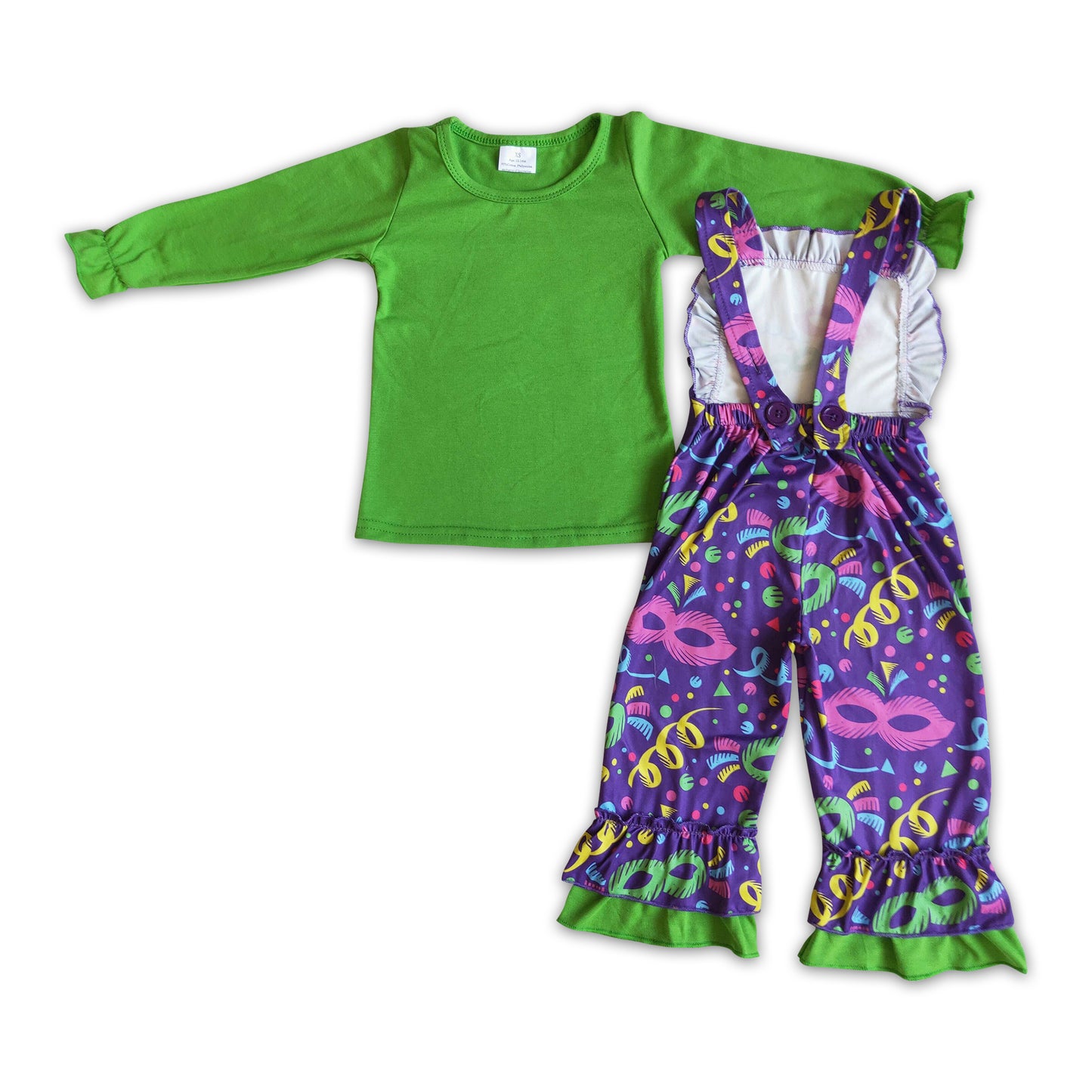 Green long sleeve shirt overalls girls children mardi gras outfits
