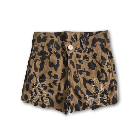 Girl leopard jeans waistband denim shorts