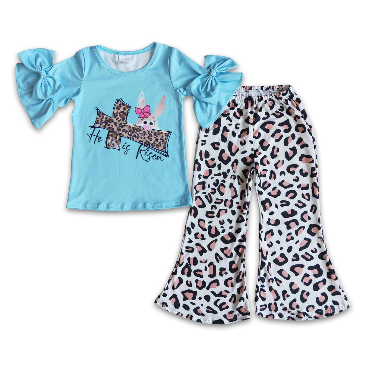 He is risen cross bunny shirt leopard pants girls easter clothing