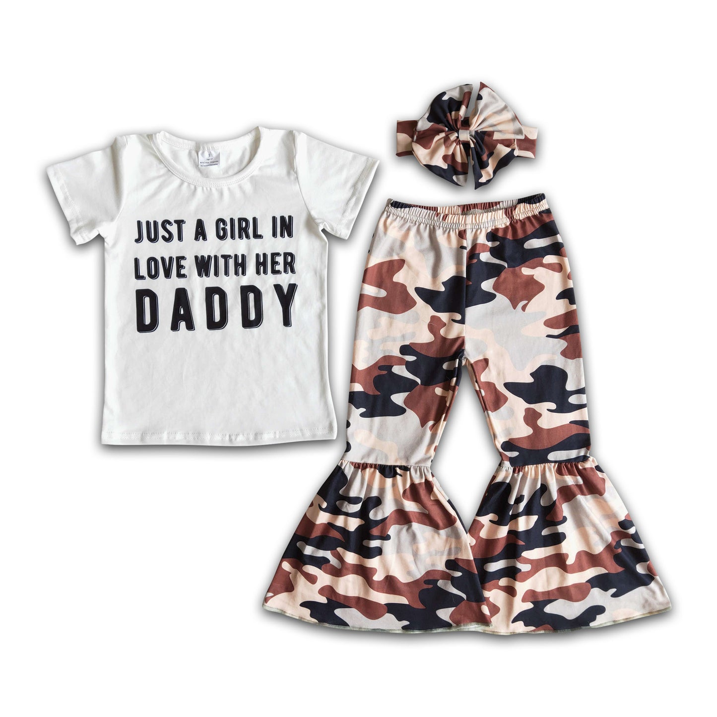 Just a girl in love with her daddy camo bell bottom pants girls boutique clothes