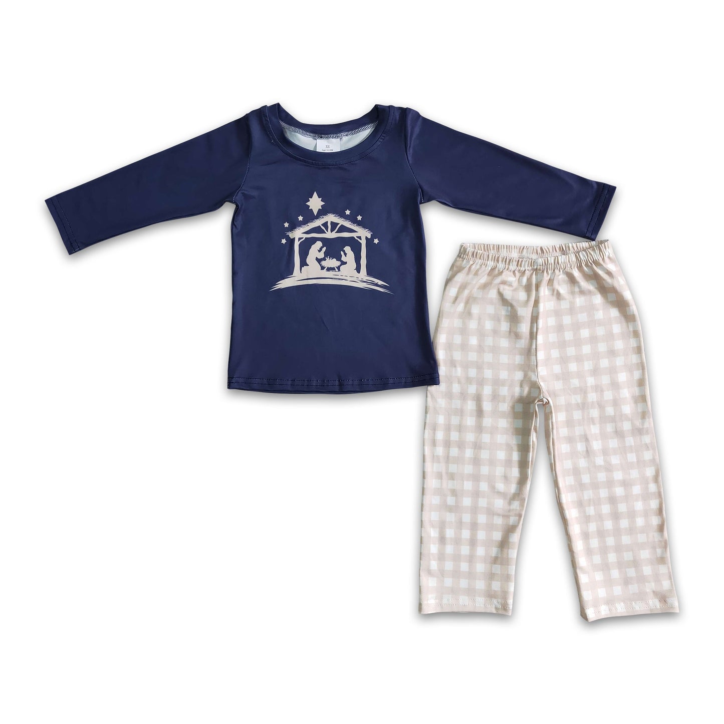 Nativity print navy shirt plaid pants boy Christmas clothing