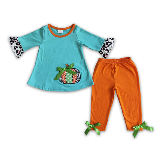 Solid cotton pumpkin embroidery tunic leggings girls fall set