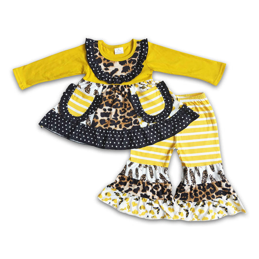 Yellow leopard pockets patchwork kids clothing set
