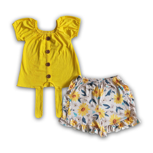 Yellow cotton shirt floral shorts girls summer clothing