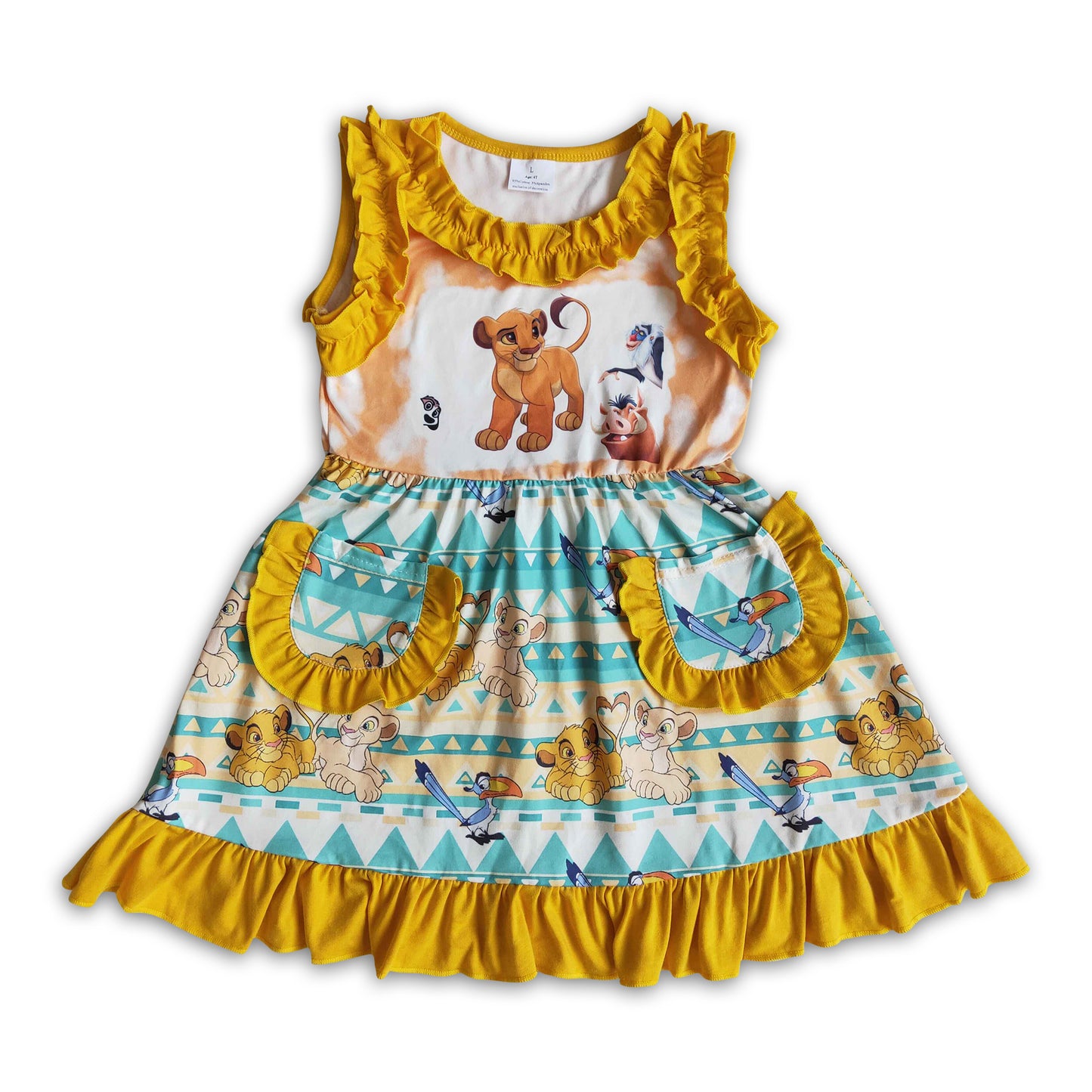 Ruffle sleeveless two pockets baby girls lion dresses