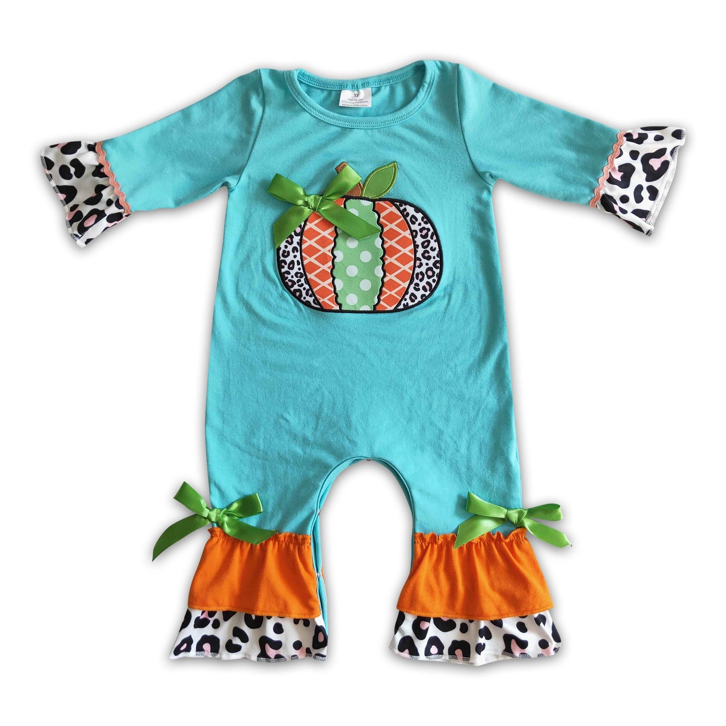 Teal cotton pumpkin embroidery baby romper