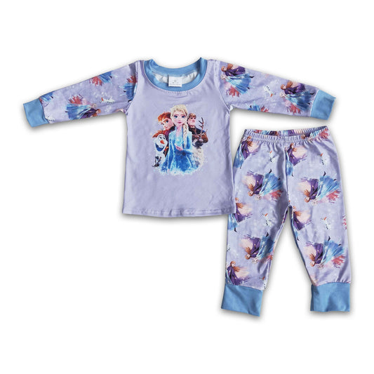 Light purple long sleeve cute print girls fall winter princess pajamas