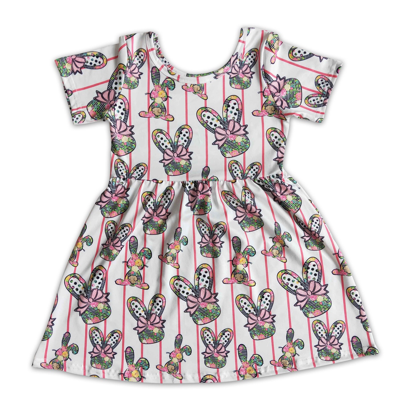 Floral bunny print short sleeve baby girls easter dresses