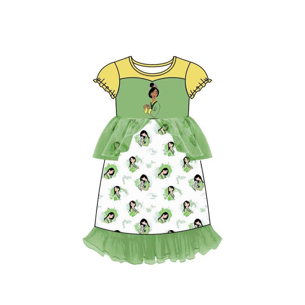 MOQ 5 green short sleeves princess girls tulle dress