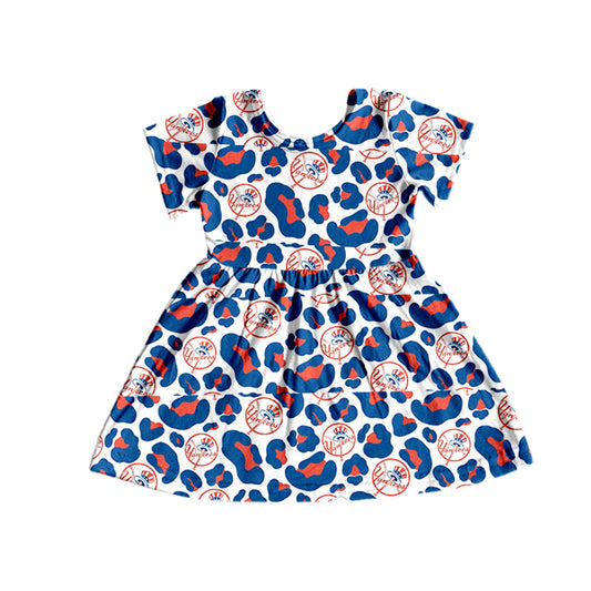 MOQ 5 PCS Y blue orange leopard short sleeves girls team dress