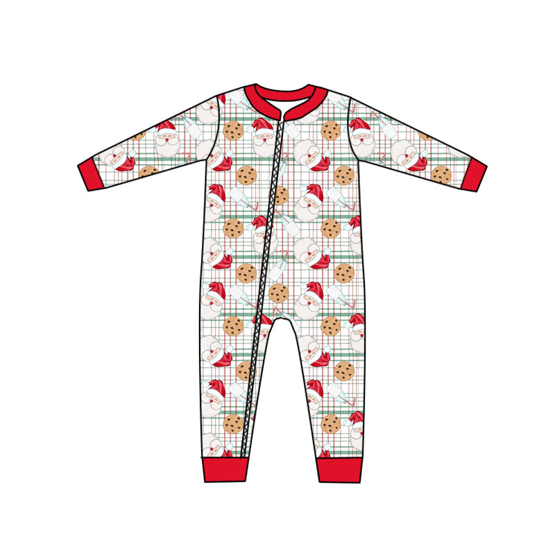 MOQ 5 PCS plaid santa milk cookie baby kids Christmas zipper romper