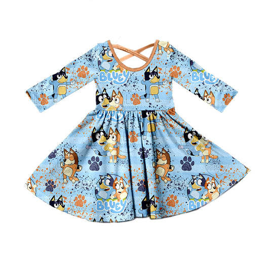 MOQ 5 blue dogs stripe girls twirl dresses